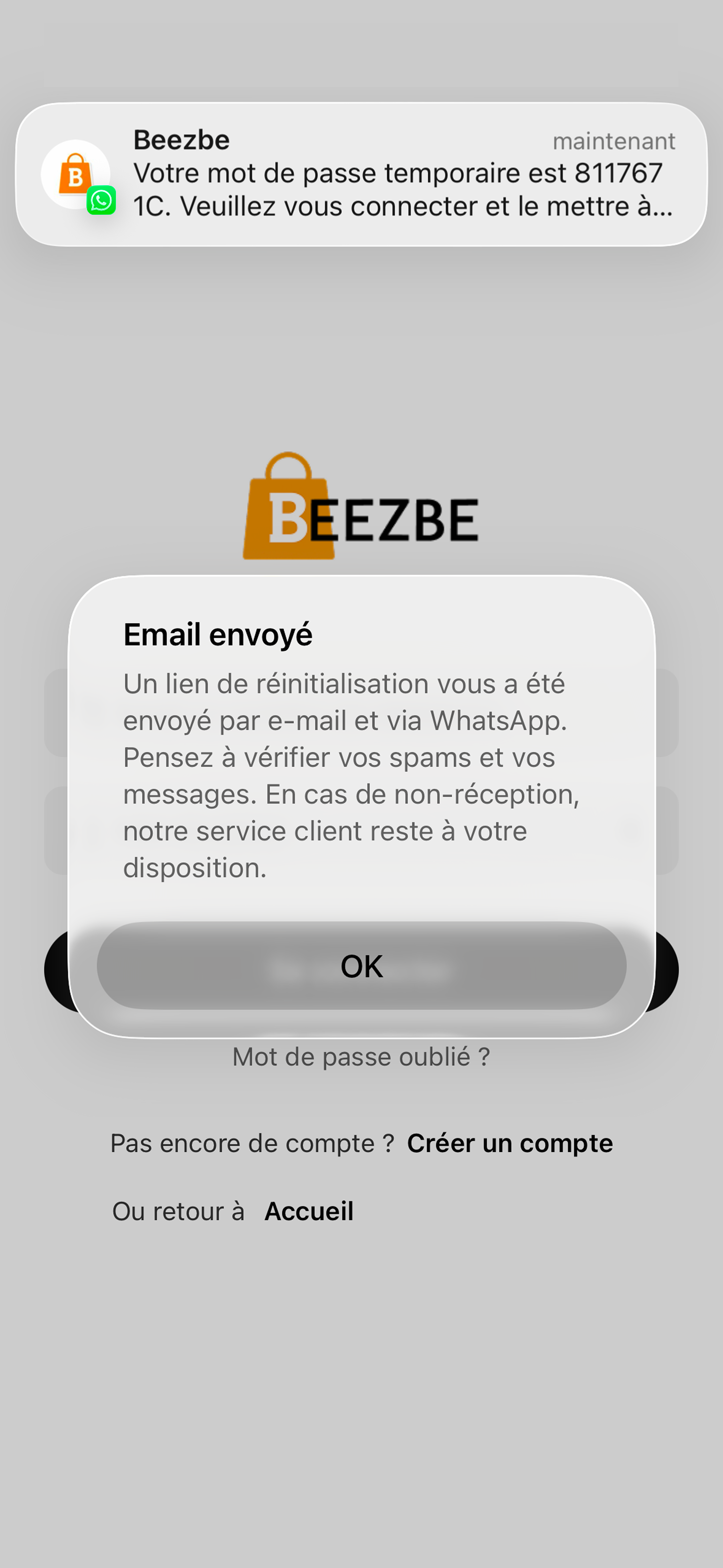 Notification avec mot de passe provisoire